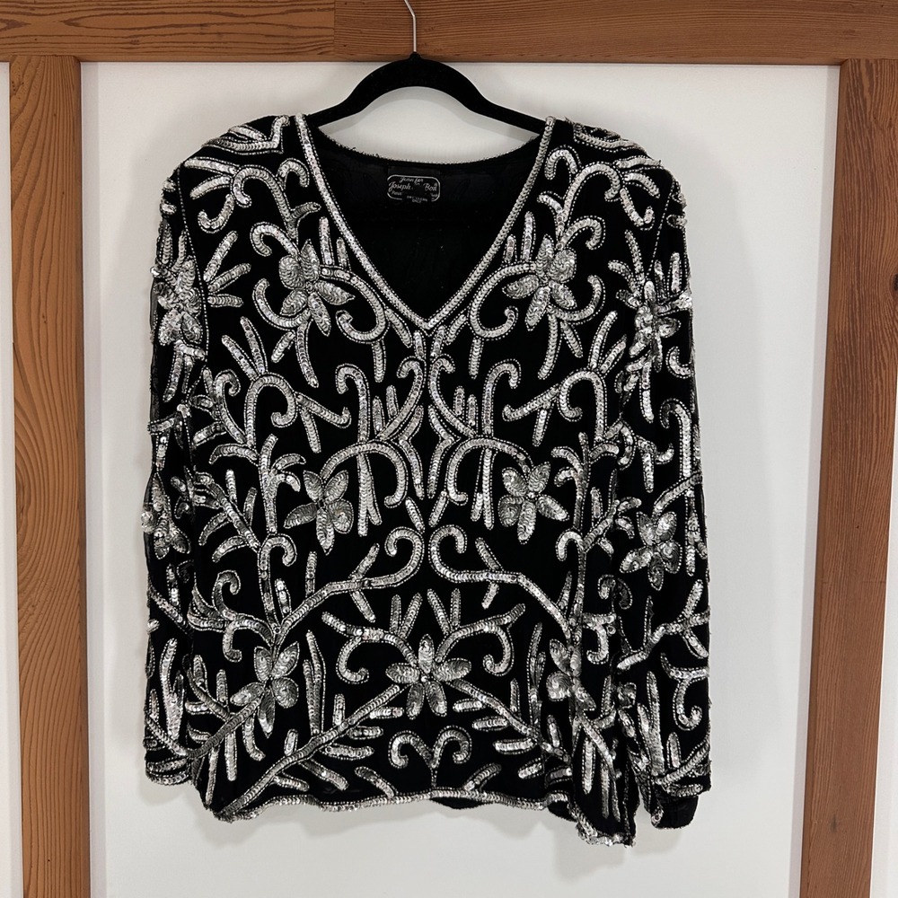 Joseph Le Bon Vintage‎ Silk Sequin Beaded Blouse XL Black Silver Floral Top